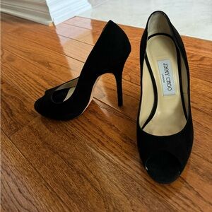 Jimmy Choo peep toe heels, size 36.5, US size 6, good condition, black suede